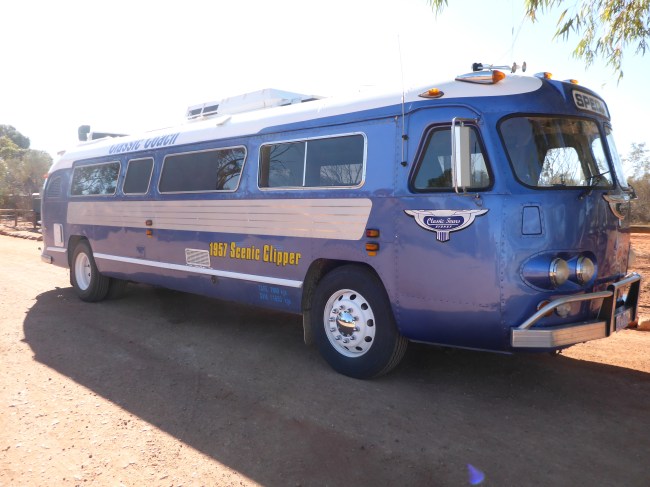 Seen at the Servo en route to the Truck Reunion. A 1950s Clipper Coach, now a camper van.
