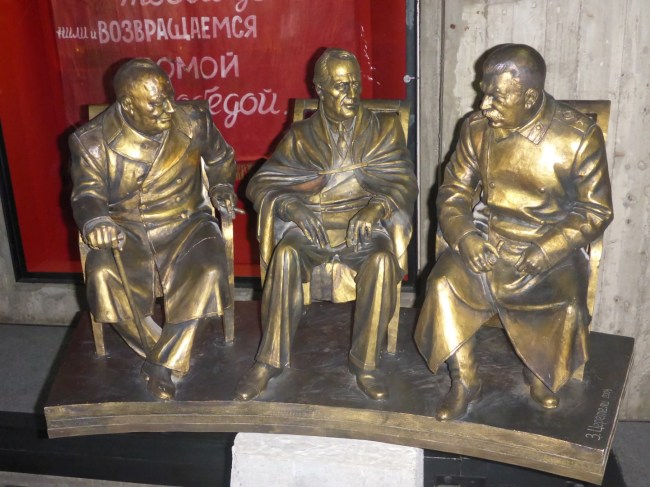 One of the gifts sent to the city. Churchill, Roosevelt and Stalin in conference.