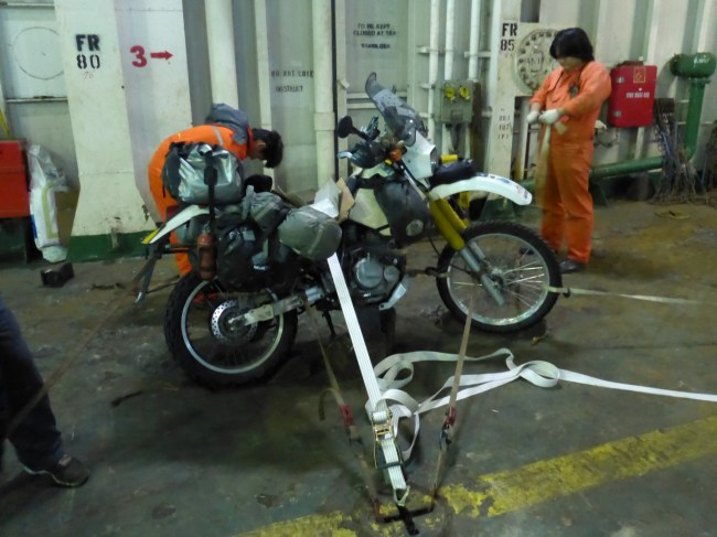 A very well strapped down bike survived the rough crossing.