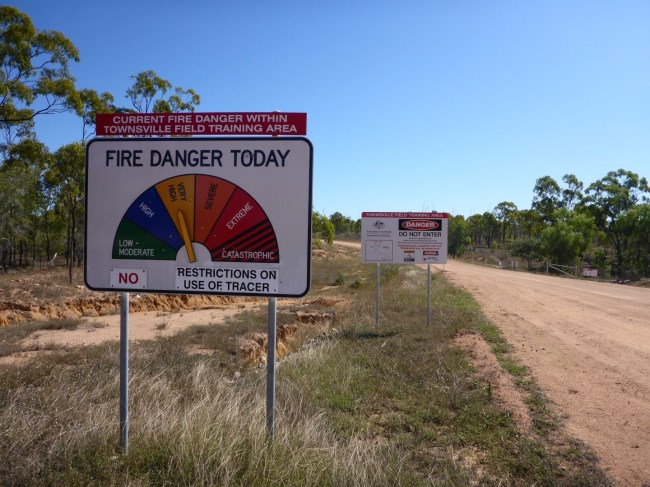 Fire risk sign with a military twist.