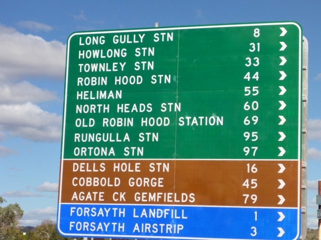 One of the signs along it, giving us some idea of the number of stations the road leads to and also how remote they are.