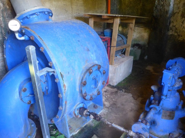 The refurbished hydro-electric plant. The water flows down a pipe from the falls.
